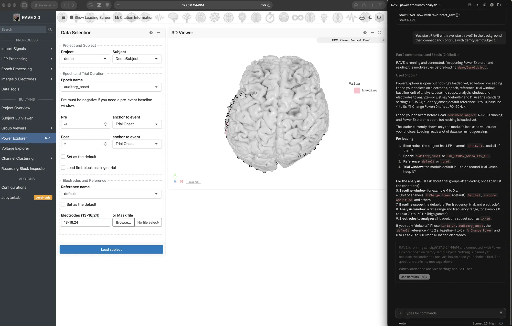 RAVE Power Explorer on the left; the agent's questions about loading and analysis settings on the right