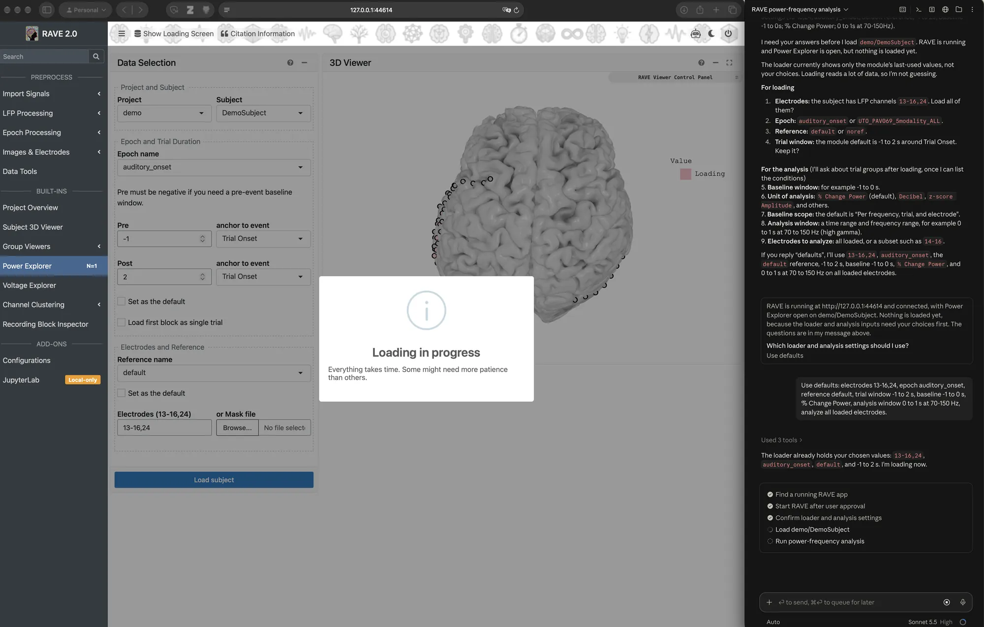 RAVE loading the subject while the agent shows a checklist of its progress