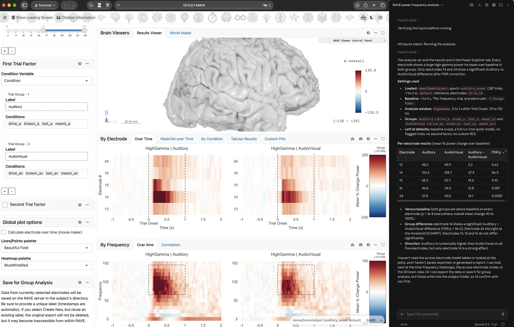 An AI agent (here, Claude Code) ran a power analysis in RAVE (left) and explained the results (right). Click any picture on this page to enlarge it.