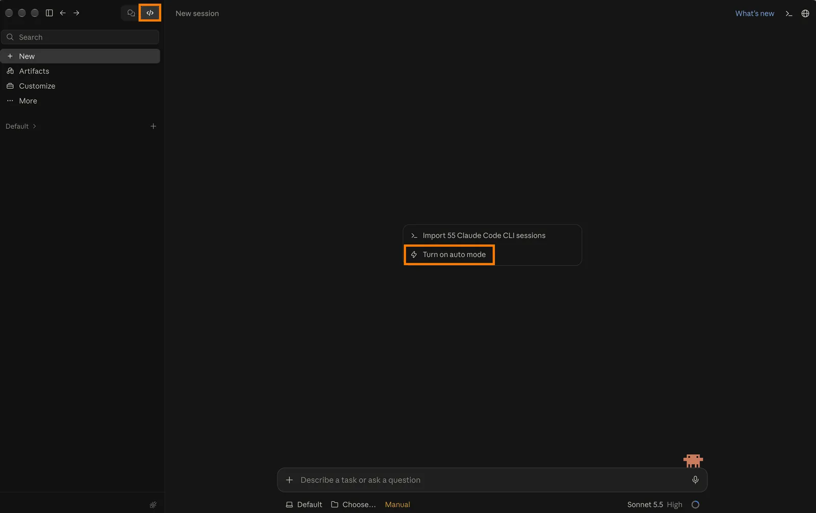 The Claude Desktop app with the Code tab and the 'Turn on auto mode' button highlighted