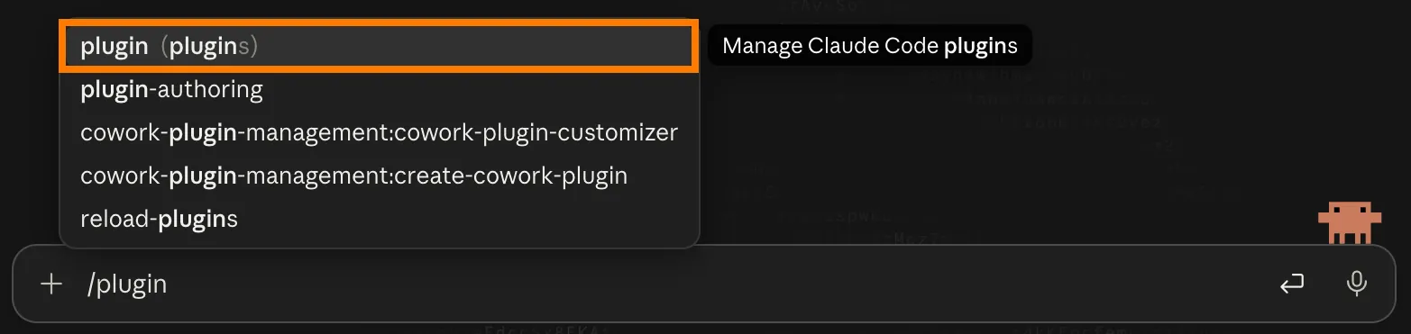 Typing /plugin in the message box shows 'Manage Claude Code plugins'