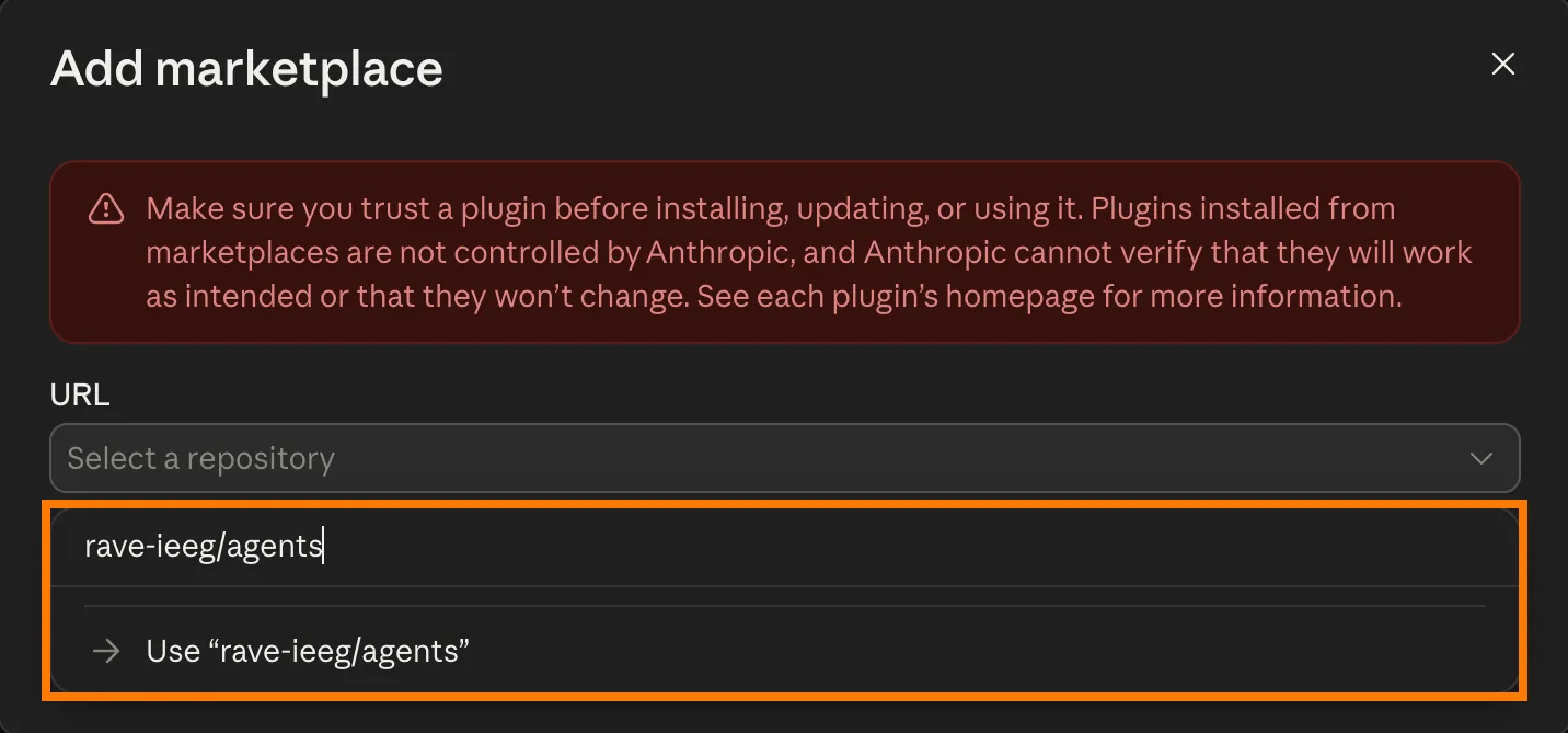The Add marketplace window with rave-ieeg/agents typed in